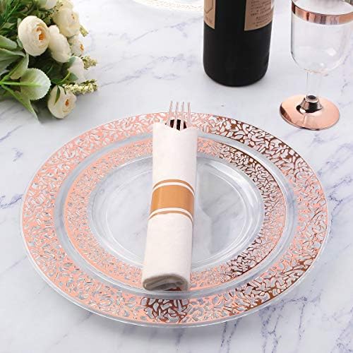 Supernal 30 Pack Pre Rolled Rose Gold Plastic Silverware, Linen Napkin - Image 5