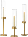 Hewory Gold Candle Holders, 3Pcs Brass Candle Stick Candelabra with Glass Candle Cover for Wedding Table Centerpiece Christmas Decor