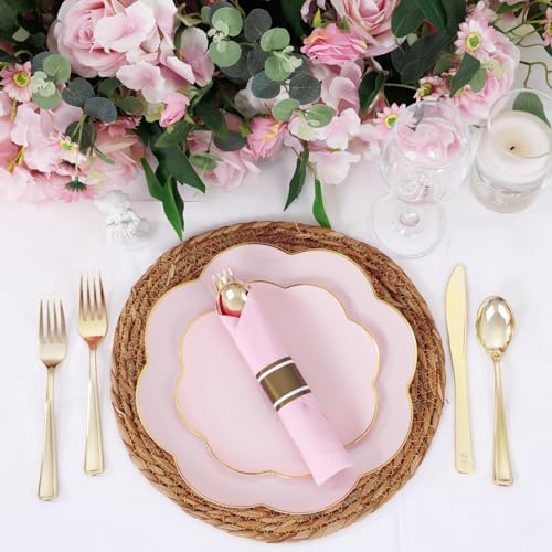Supernal 30 Pack Gold Plastic Silverware Set with Pre Rolled Pink Napkin - Image 5