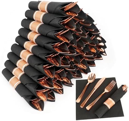 50 Pack Pre Rolled Rose Gold Plastic Silverware Set with Napkins by Dlebay