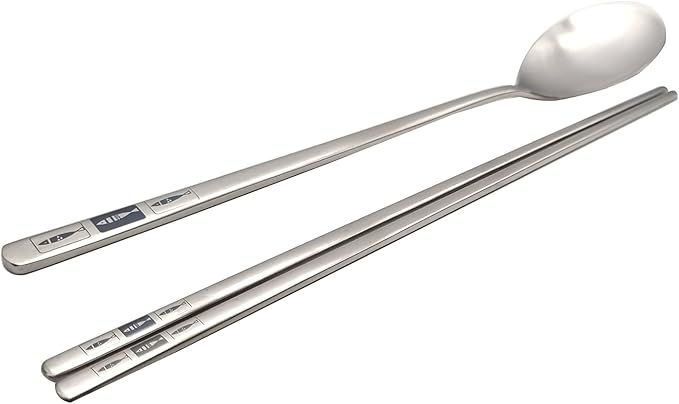 SUPIA Korean Traditional Cutlery Stainless Steel Spoons and Chopsticks Set Tableware with Long-hand, Reusable (Silver Fish)