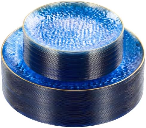 realluck 100Pcs Clear Blue Plastic Plates with Gold Rim by Realluck