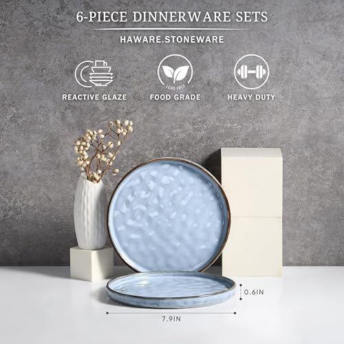 HaWare Stoneware Plates Set of 6, 7.9" Salad Plates, Reactive Glaze Ripple Ceramic Dish Set for Appetizer, Dessert, Scratch Resistant, Small Dinner Plate, Microwave and Dishwasher Safe, Reactive Blue - Image 2