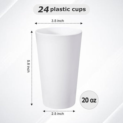 24 Pcs Unbreakable Plastic Cups Set, 20 oz Reusable Plastic Cups, Stackable Water Tumblers, Drinking Cup for Kitchen, Outdoor, BPA-free, Dishwasher Refrigerator and Microwave Safe, White