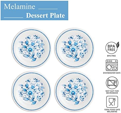 UP UPware Blue and White Floral Melamine Round Dessert Plates, Small Serving Plates, for Appetizer, Snacks, and Side Dishes, Blue, 6 Inch, Set of 4 - Image 4