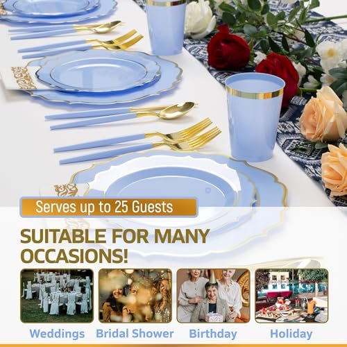 Baby Blue & Gold Disposable Plates Dinnerware Set for 25 Guests, 175-Pc Heavy Duty Plastic Plates, 10 oz Cups, Cutlery & Napkins, BPA-Free Party Supplies for Baby Shower, Wedding & Birthday - Image 5