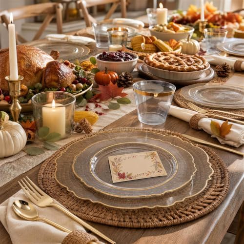 Liacere 150Pcs Clear Plastic Plates-Clear and Gold Disposable Plates Set-Clear and Gold Rim Disposable Plastic Dinnerware include 50Plates,25Pack Silverware and 25Cups for Thanksgiving/Fall Party - Image 2