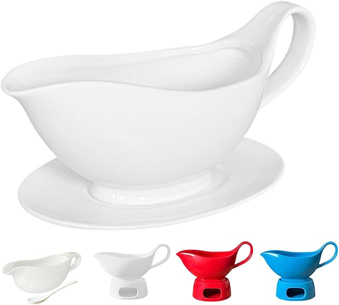 Gravy Boat with Saucer - 20oz Fine Porcelain Sauce & Salad Dressing Boat (White) Suitable for microwave ovens and dishwashers