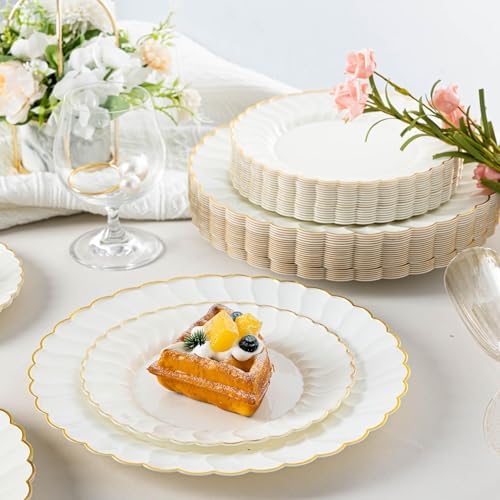 Lullaby 96PCS Ivory Scalloped Plastic Plate with Gold Rim for Party Wedding - Image 7