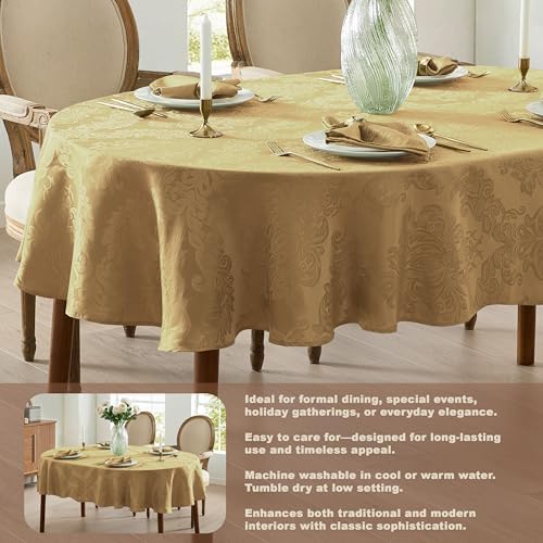 Newbridge Barcelona Damask Fabric Tablecloth, 60 x 84 Inch Oval, Gold – No Iron, Soil Resistant Table Cover for Dining, Parties and Holidays - Image 4