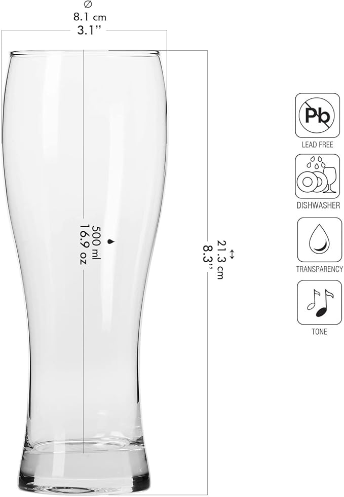 Krosno Tall Beer Pint Glasses, Set of 6, 16.9 oz, Chill Collection, Beer Tatsing, Lager, IPA APA Glasses, Dishwasher Safe, Made in Europe