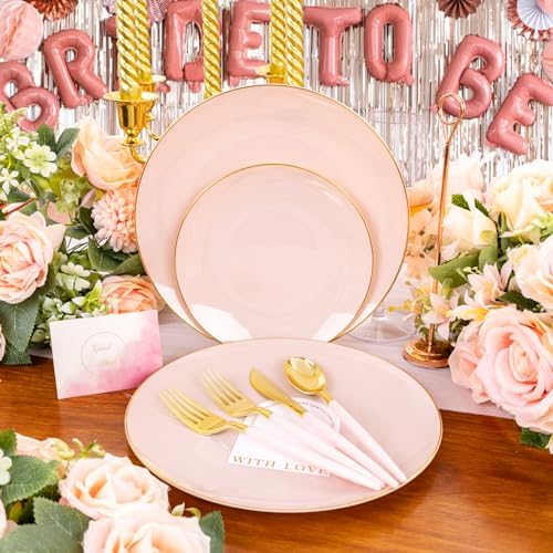 Liacere 150PCS Plastic Plates-Gold Plastic Silverware with Pink Handle - Pink Disposable Plates Include 30 Guests Plates, Forks, Spoons, Knives for Wedding ＆ Party (Pack of 2) - Image 5