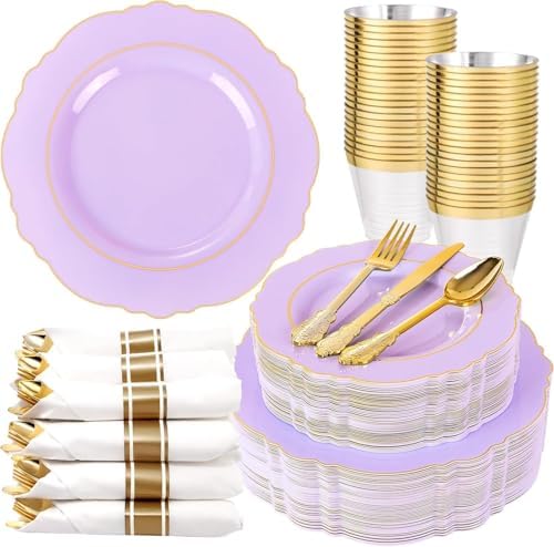 Liacere 175PCS Purple Plastic Plates-Disposable Lavender Plates 25guest Baroque Plastic Dinnerware include 50Plates, 25Pack Pre Rolled Napkins with Silverware 25Cups for Party & Wedding & Baby Shower by Liacere