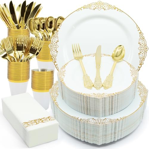 AIRE White Gold Plastic Plates Set, 350PCS Disposable Dinnerware for 50 by AIRE