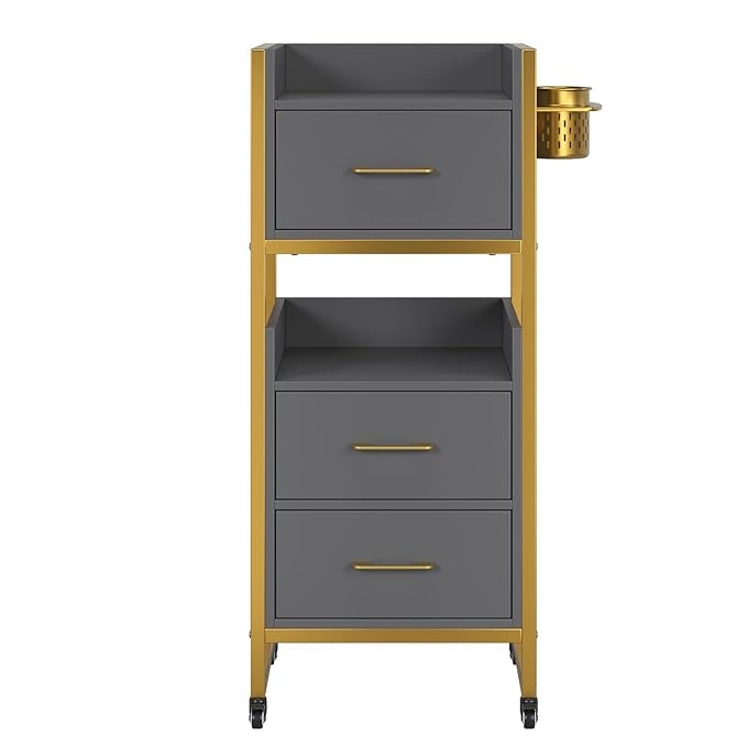 OmySalon Salon Trolley Cart, Hair Styling Station with 3 Drawers, 2 Open Shelf & Tool Holders, Mobile Barber Storage Cabinet Utility Trolley for Beauty Salon Spa, Gery