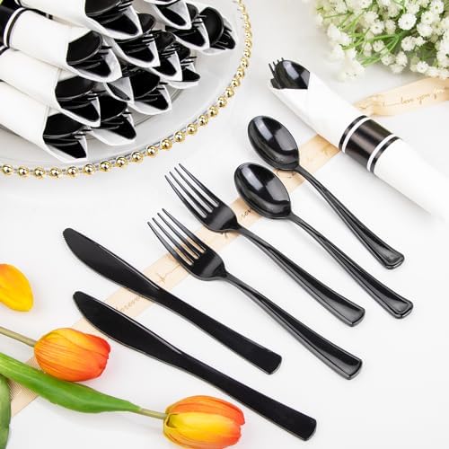 Supernal 60 Pack Pre Rolled Black Plastic Silverware with Napkins Set - Image 5