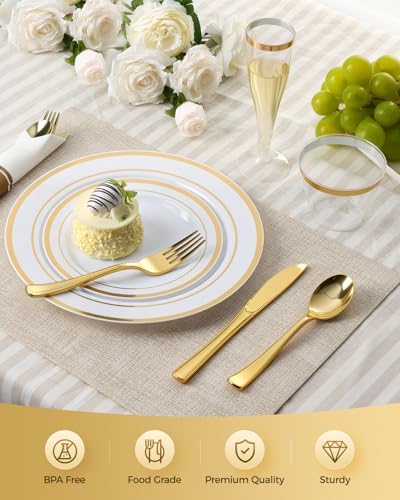 Goodluck 560PCS Fancy Disposable Dinnerware, White Gold Plate for 70 Guests - Image 4