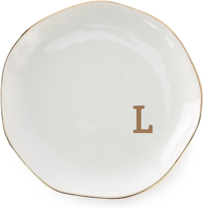 Initials Ring Dish Jewery Tray with personalized L-Monogrammed Gifts Wedding Engagement for Women Friends sister,Ceramic White