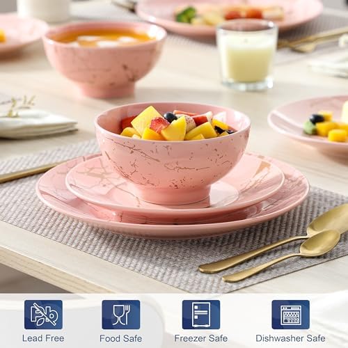 LOVECASA Pink Dinnerware Sets for 4, 12 Piece Porcelain Plates and Bowls Sets, Gold Splash Dish Set, Modern Ceramic Dinner Set, Dishwasher Microwave Safe - Image 4