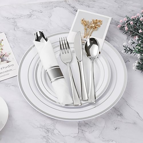 BESTVIP 875 Piece Silver Plastic Dinnerware Set for 125 Guests - Image 2