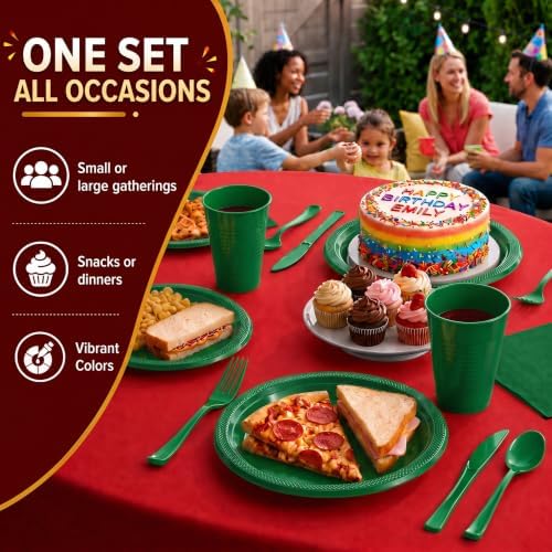 350 Pcs Emerald Green Plastic Plates for Party Emerald Green Disposable Plates Set 50 of Each 9 Dinner Plate Set 7 Dessert Plate Cups Napkins & Cutlery Plastic Dinnerware Set Exquisite - Image 6