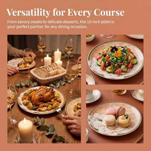 Elegant Camellia Ceramic Dinner Plates, Set of 6, 10.25-Inch Large Serving Plates for Kitchen, Microwave, Oven & Dishwasher Safe - Image 6