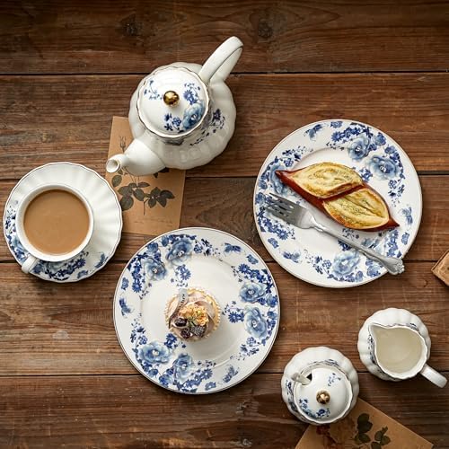 Agyiuns Porcelain Floral Plates, 8in Set of 4 Round Small Appetizer Dessert Plates for dessert，bread (Blue flowers) - Image 4