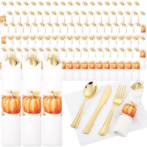 Supernal 60Pack Pre Rolled Gold Plastic Silverware Set for Thanksgiving by supernal