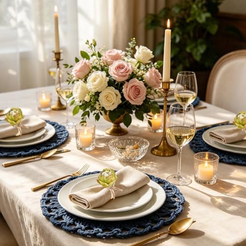Handcraft Green Flower Napkin Rings Set of 8, Peony Napkin Holder Floral Rings With Jute Bow Buckles for Summer, Wedding, Banquet, Birthday, Christmas, Valentine's, Thanksgiving Table Decoration - Image 6