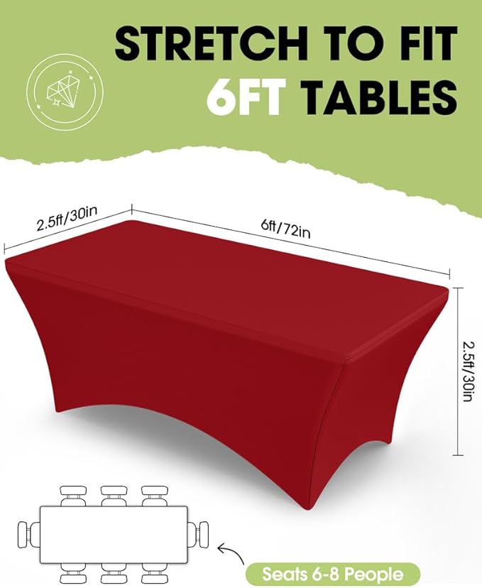 Pureegg Spandex Tablecloth 6ft - 2 Pack, Fitted and Tight Cloth for Rectangle Table, Wrinkle-Free and Stretch Table Cover for Party, Wedding, Banquet and Birthday, Red