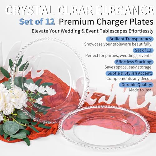 12 Pack Clear Charger Plates Bulk Wedding, 13 Inch Plastic Round Dinner Chargers with Clear Beaded Rim, Acrylic Round Decorative Plates for Wedding Party Home and Tabletop Decor - Image 6