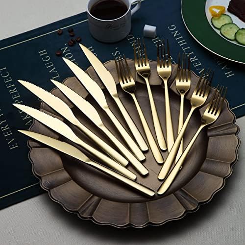 Gold Steak Knives Set 12 Piece, Premium Stainless Steel 6 Dinner Forks and 6 Dinner Knives Set, Steak Knives Steak Forks for 6 Person, Dishwasher Safe (Shiny Gold) - Image 3