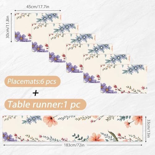 ANNA QUEEN Spring Floral Table Runner and Placemats Set of 6, 13"x72" Table Runner with 12"x18" Placemats, Watercolor Flower Dining Table Decor for 4 to 6 People, Summer Kitchen Decoration - Image 2