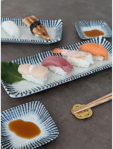 Japanese Sushi Plate Set for 2, Rectangular Plates with Soy Sauce Dishes - Image 2