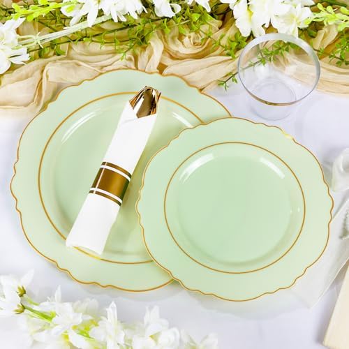 Liacere 175PCS Light Green Plates - Disposable Green and Gold - 25guest Baroque Dinnerware include 50Plates,25Pack Pre Rolled Napkins with Silverware 25Cups for Wedding ＆ Party & Spring - Image 5