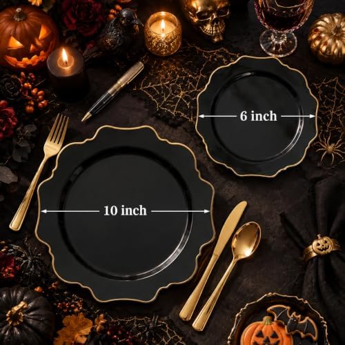 WDF 50PCS Black and Gold Plates - Black Disposable Plates for Halloween - Image 3