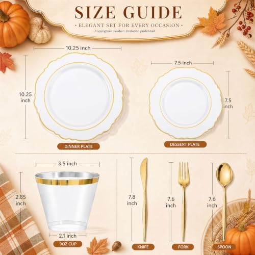 Liacere 150Pcs White Plastic Plates-White and Gold Disposable Plates Set-White and Gold Rim Disposable Plastic Dinnerware include 50Plates,25Pack Silverware and 25Cups for Thanksgiving/Fall Party - Image 3