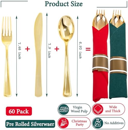 Supernal 240pcs Pre Rolled Plastic Silverware with Red and Green Napkins - Image 2