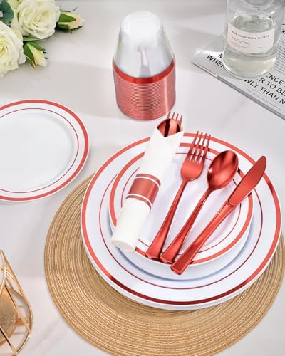 Goodluck 350 Piece Red Plastic Dinnerware Set for 50 Guests - Image 5