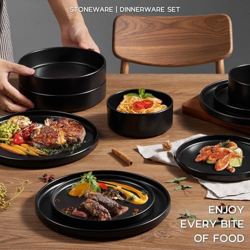 Onader Stoneware Dinnerware Set with Pasta Bowl, 24Pcs Black Dish Set for 6 - Image 6