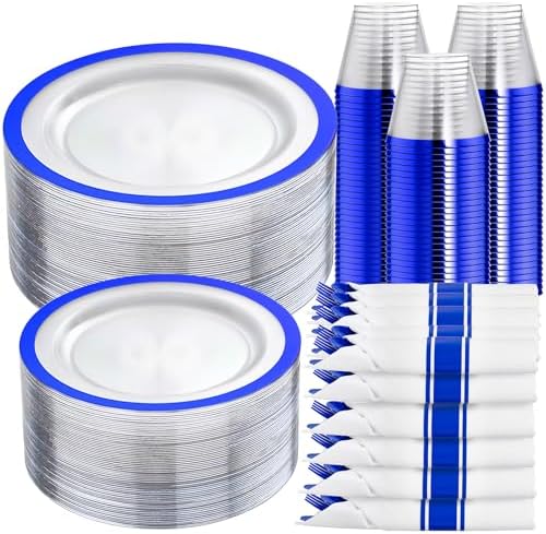 I00000 210 Dark Blue Plastic Plates, Clear Disposable Plates for 30 Guests by I00000