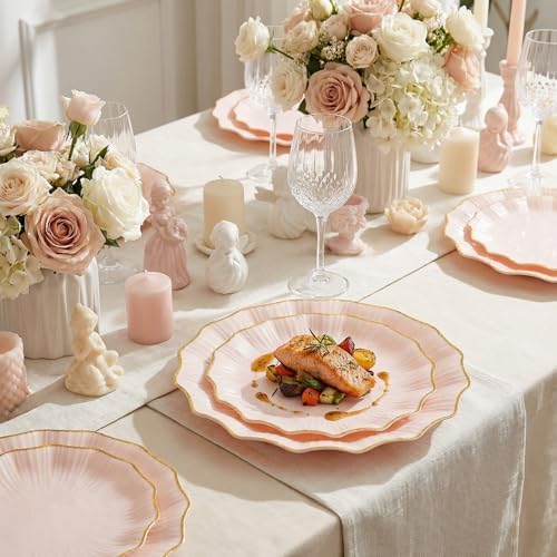 Rubtlamp 60Pcs Pink Plastic Plates - Pink Scalloped Plates with Gold Trim - 30 Dinner & 30 Dessert Platos, Heavy-duty Gold Plates for Party, Wedding&Mother’s Day (30 Guests) - Image 4