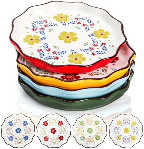 Pumtus 4 Pack Ceramic Dessert Plates, 7.5 Inch Small Floral Dinner Appetizer Plate, Lunch Salad Serving Dishes, Vintage Flat Pasta Bowl for Steak Fruit Pizza, Dishwasher & Microwave Safe by Pumtus