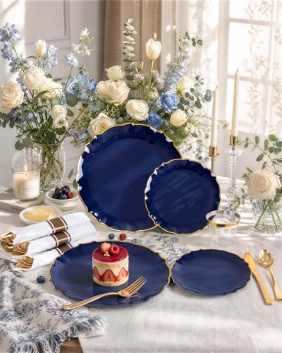 bUCLA 175PCS Navy Blue Plastic Plates - 25 Guests Gold Rim for Party - Image 5