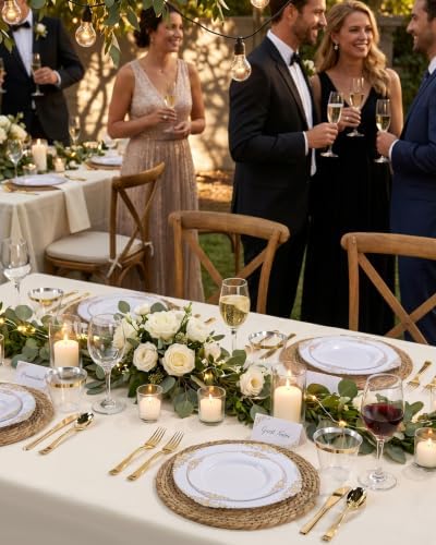 Nervure 600Pcs White and Gold Plastic Plates, Dinnerware Set for 100 Guests - Image 5