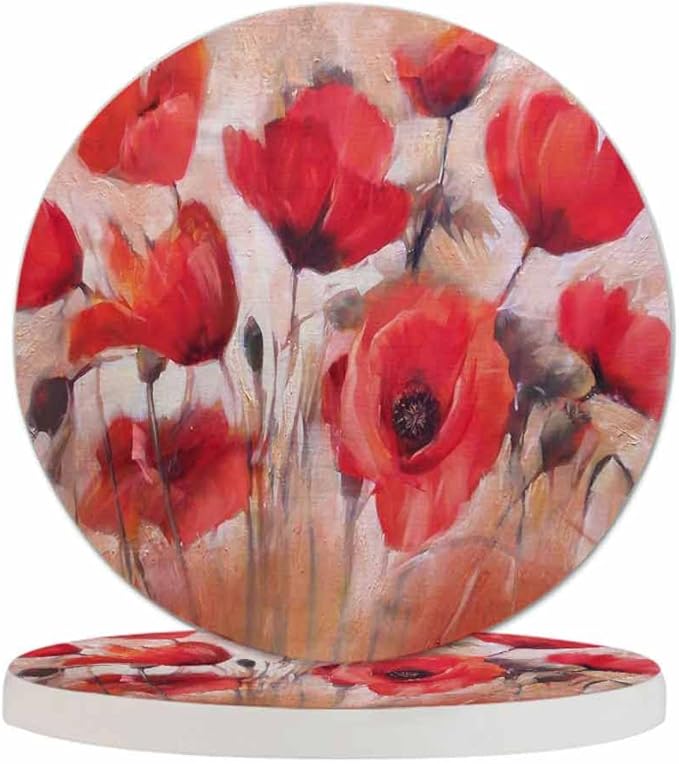 Poppy Flowers Cup Coasters Set of 2 Watercolor Oil Painting Style Beautiful Blossom Wooden Table Apartment Decor 100% Diatomite for Drinking Glasses,4 Inches