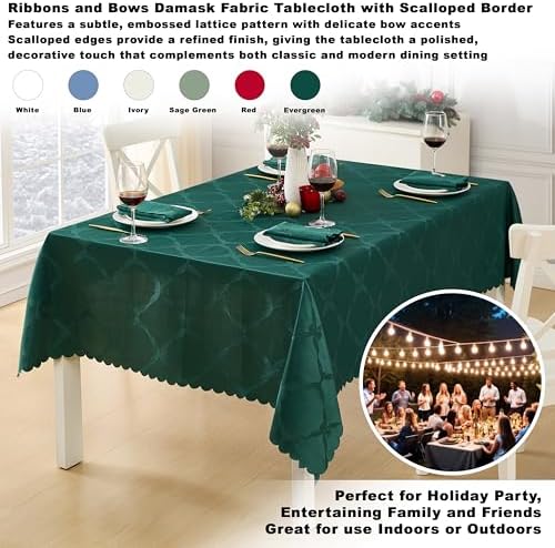 Newbridge Rectangle Tablecloth, 60 x 102 Inch, Ribbons and Bows Damask, Wrinkle and Stain Resistant Fabric Table Cloth, Holiday Evergreen - Image 5