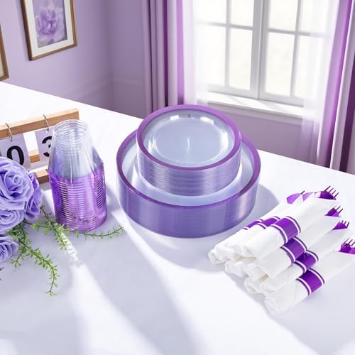 I00000 350Pcs Clear Purple Plastic Plates Dinnerware Set for 50 Guests - Image 3