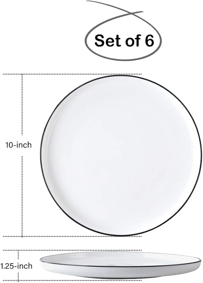 BonNoces 10 Inch Porcelain Dinner Plates, Elegant White with Black Edges Design, Classic Round Serving Plates Set for Steak, Pasta, and Salad, Set of 6