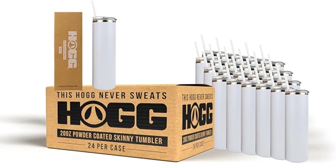 Hogg 20 oz Skinny Case (24 Units) - White, Powder Coated Tumblers for Laser Engraving, Engravable Tumblers Bulk, Stainless Steel Cups Bulk, Insulated Cups with Lids and Straws